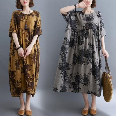 Women's Spring and Summer Thin Round Neck Casual Literary Cotton Linen Printing Short Sleeved Mid Length Dresses