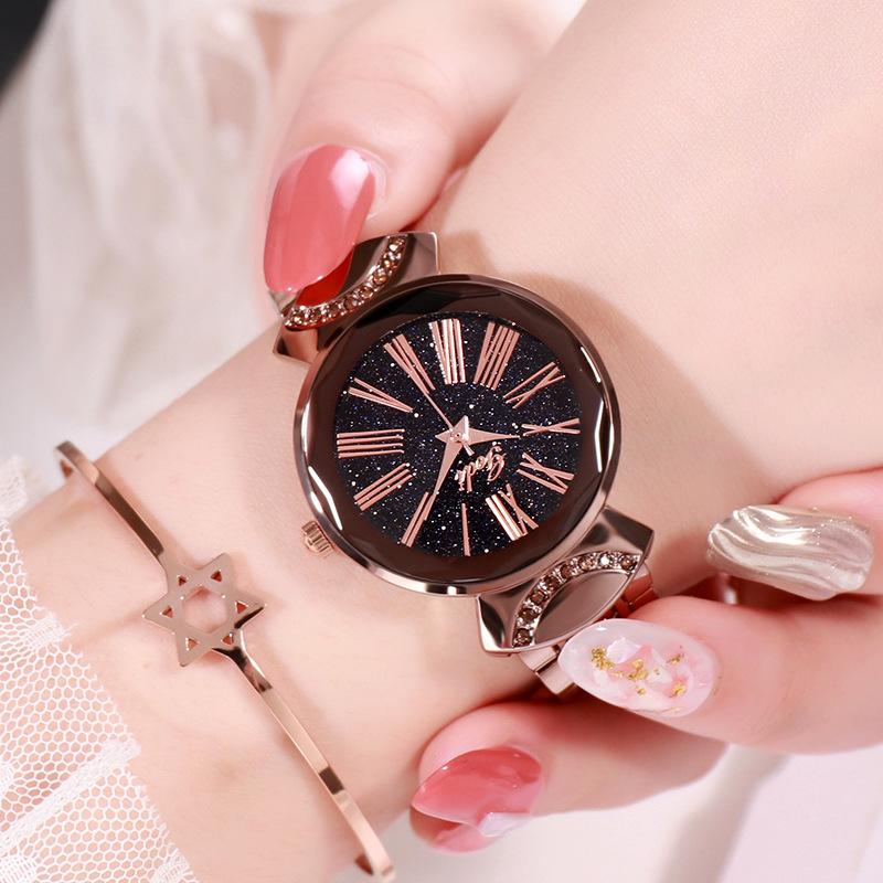Starry Sky Surface Waterproof Ladies Watch Rose Gold Vintage Roman Scale Watch Women