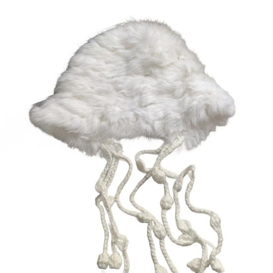 Women Hat Solid Color Rabbit Fur Blend Tassel Knit Hat Comfortable Stretch Fit Autumn Winter Skiing Warm Hat