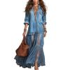 Damen Jeans-Look Hemdblusenkleid, Langarm Netz Patchwork Maxikleid, Knopfleiste Rüschen Durchsichtiges Langes Kleid