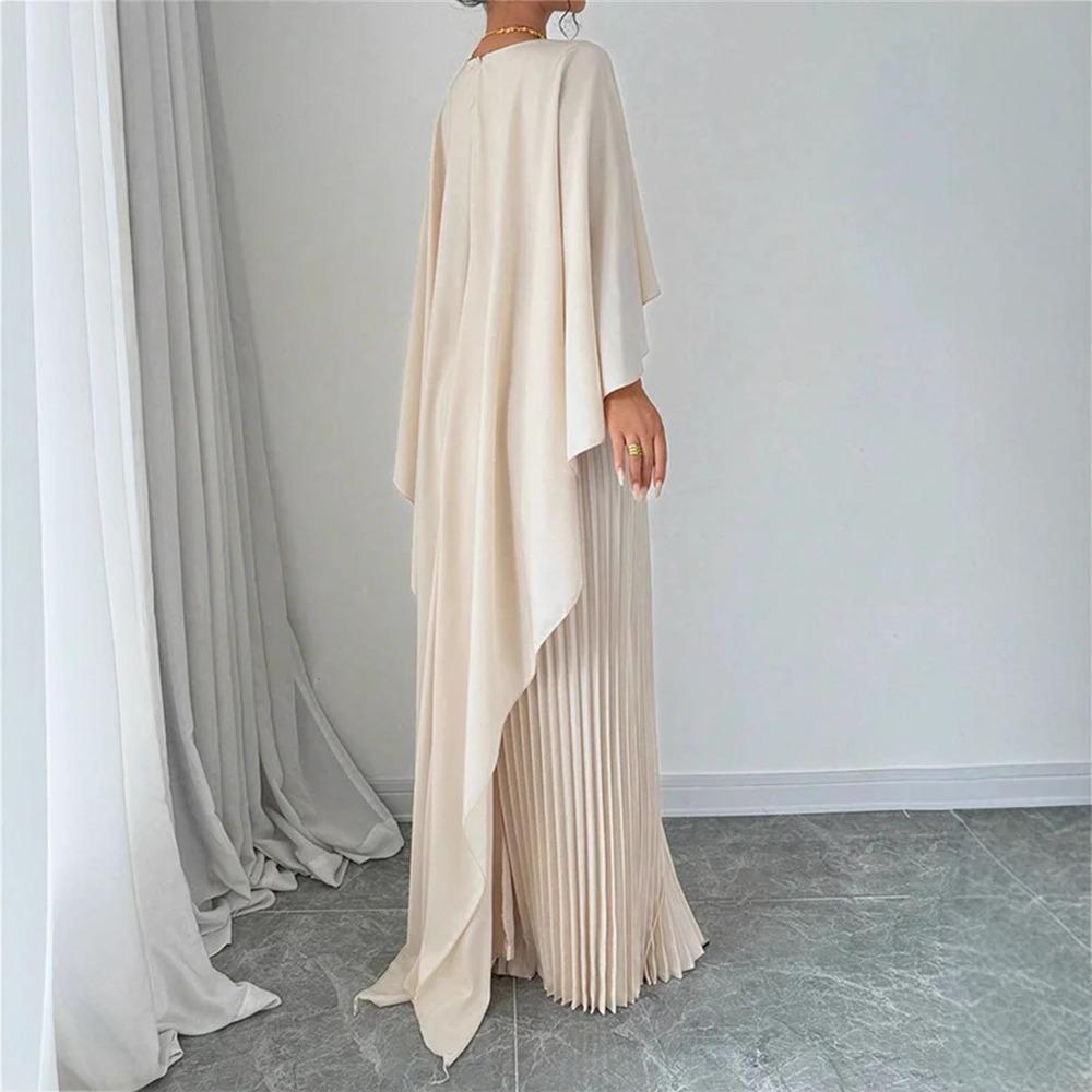 Women's Round Neck Cape Batwing Sleeve Two Piece Maxi Dress Loose Fit Mid Waist Pleated Irregular Elegant Formal Evening Gown