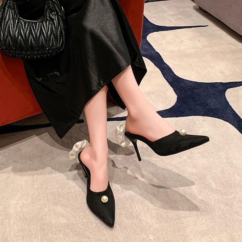 

Fashion 2025 new Black High Heels Slippers Spring Pearl High Heels Stiletto Heels Women Stiletto Party Rose Sandals Shoes for Woman 35 чёрный