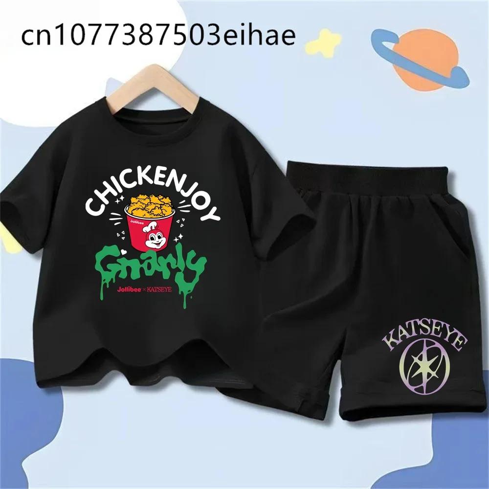 Katseye Girl Group Printed T-shirts Children's Clothing Girls Boys Summer Round Neck Short Sleeve T-shirt Shorts Set Soft