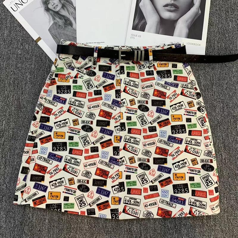 European summer new printed high-waisted denim skirt short skirt women s thin a-shaped skirt niche hip skirt S
