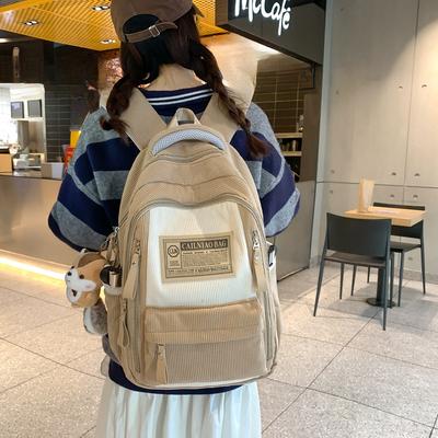 New Corduroy Backpack Female Students Contrasting Color Casual Backpack High School Junior High School Students Large Capacity School Bag