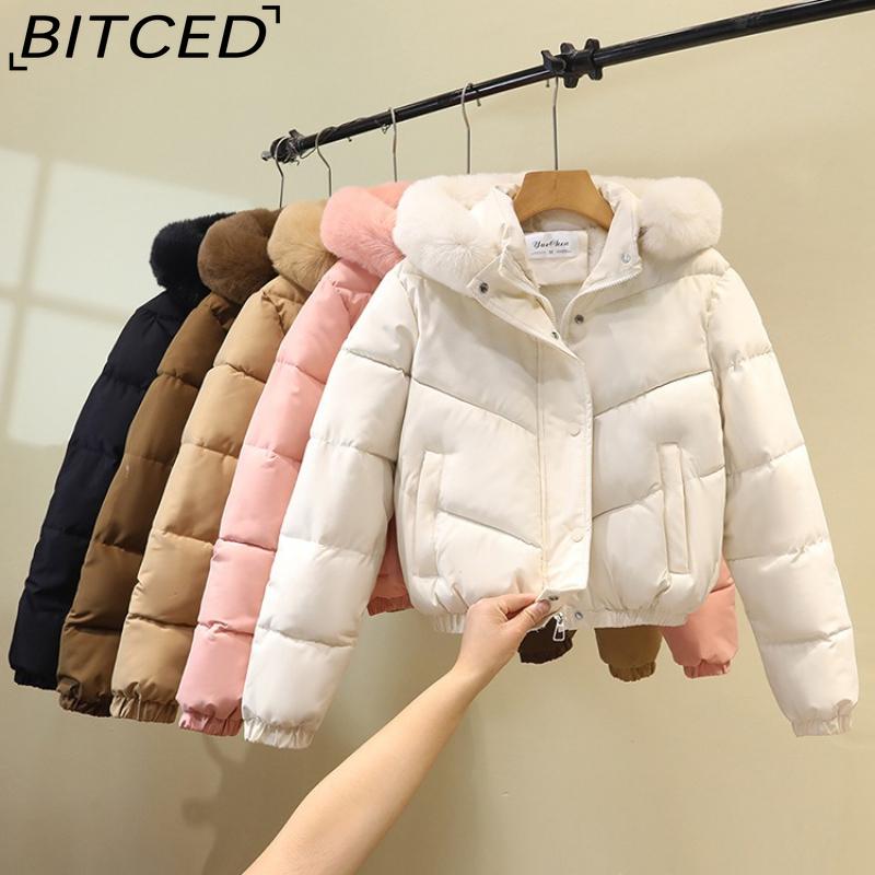 BITCED Plus Size Short Cotton Jacket for Women Winter Puffer Coat with Oversized Fur Collar Versatile Outerwear