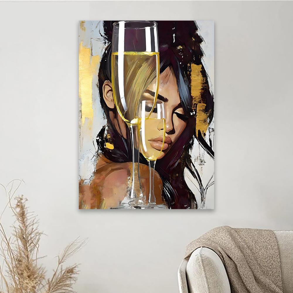 Fashion Portrait with Champagne Glass Wall Art Poster Blue Abstract Woman Wall Art Print Aesthetic Art Canvas Painting Decor
