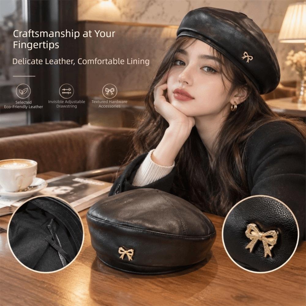 Bow Octagonal Hat Solid Color Painter Hat Fashion PU Leather Beret Ladies