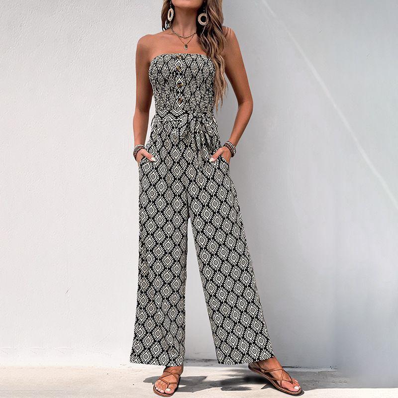 Printed Strapless Jumpsuit2025 Summer New Vacation European and American Print Tube Top Jumpsuit