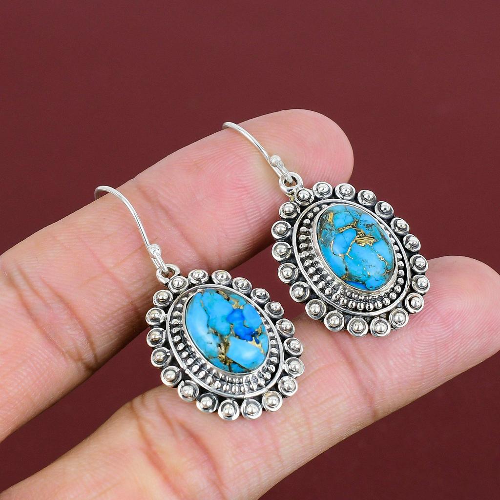 Copper Blue Turquoise Earring Vintage Gemstone Earrings 925 Sterling Silver Earring Antique Jewelry Handmade Dangle Earring Engagement Gifts