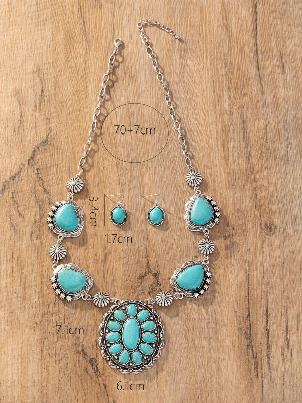 European & American Retro Turquoise Necklace and Earring Set