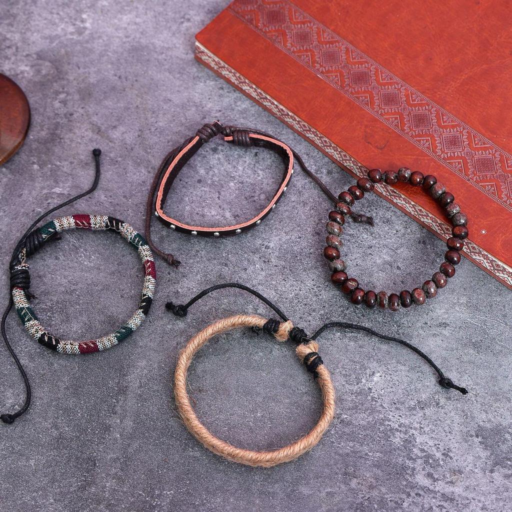 Trendy Men's Retro Woven Cowhide Bracelet Set - Handmade Jewelry