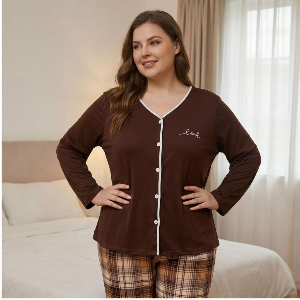 Large size button cardigan pajamas spring and autumn women's suit loose and simple long-sleeved trousers loungewear two-piece set