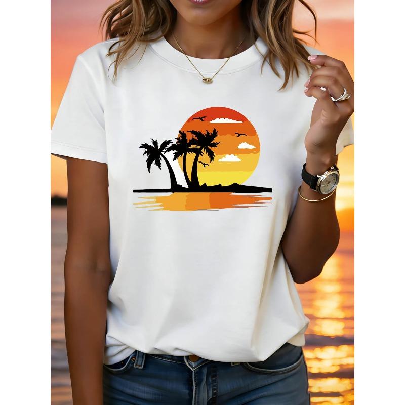 Plus Size - Plus Size - Relaxing and Outfits for A Beach Vacation Featuring Silhouettes of Palm Trees, Sunsets, and Flying Birds. S