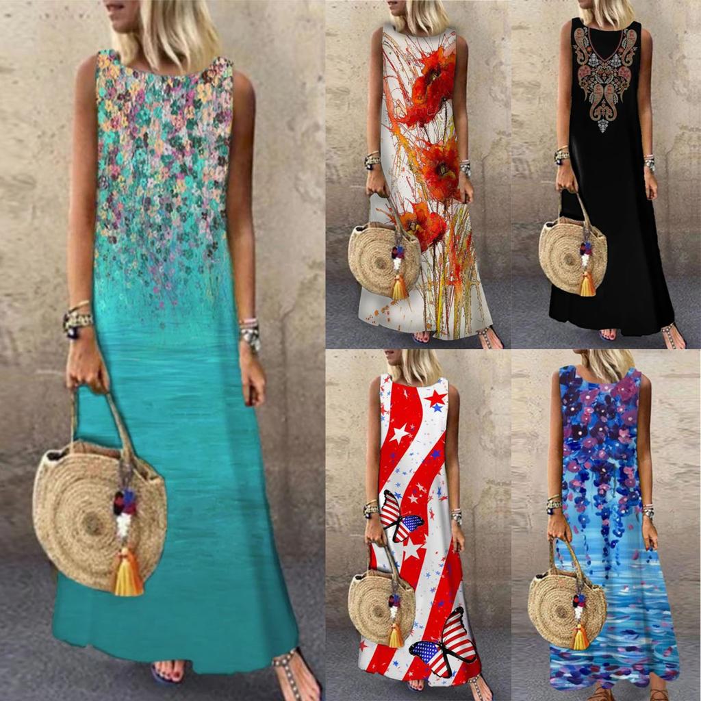 Women Boho Summer Sleeveless Sling Printed Casual Loose Long Dress