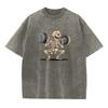 Mens Retro Distressed Washed TShirt With Fun Weightlifting Skull Print Fashionable Pure Cotton Short Sleeve Street Style Top