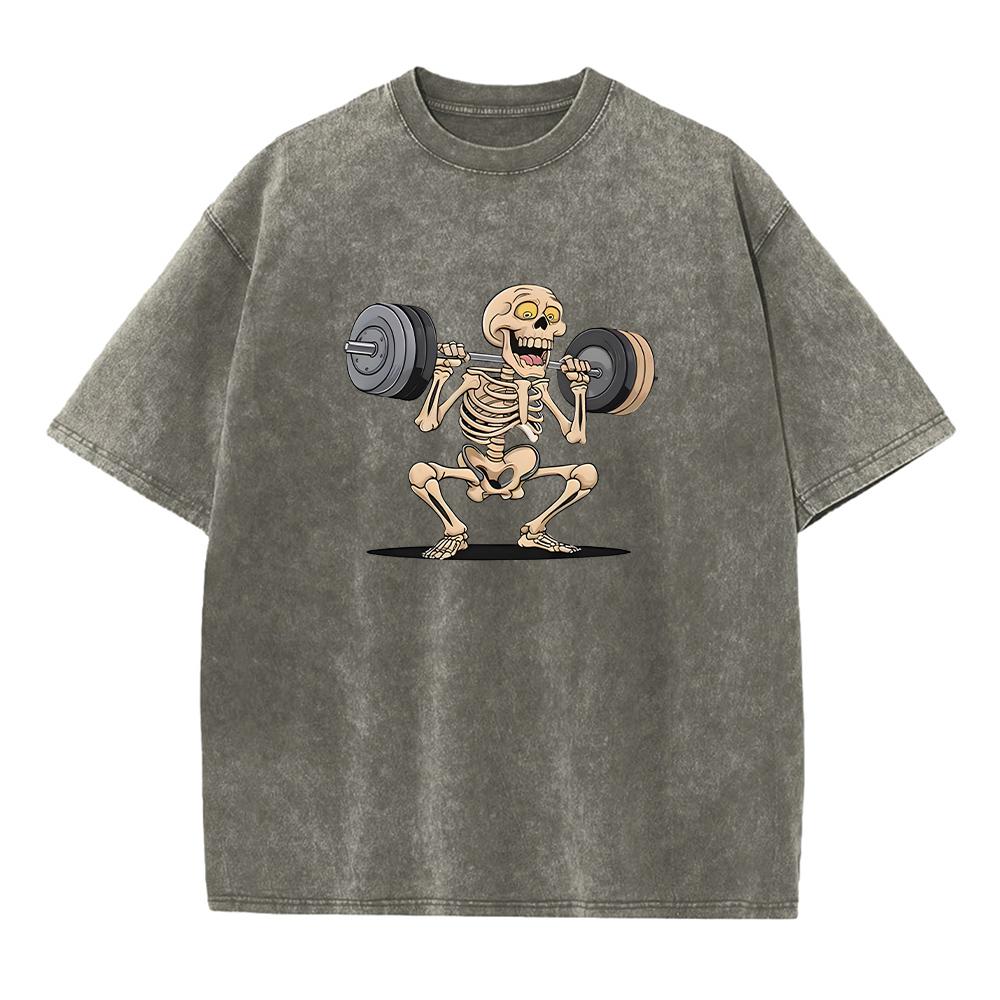 Mens Retro Distressed Washed TShirt With Fun Weightlifting Skull Print Fashionable Pure Cotton Short Sleeve Street Style Top
