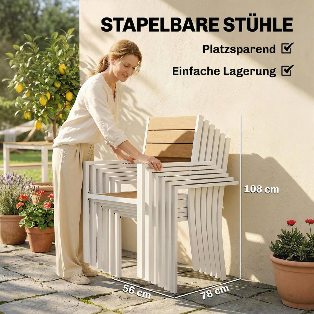 Garden Furniture Set Seating Group 7-Piece Table with 6 Stackable Chairs Wood Look Aluminum Frame Teak