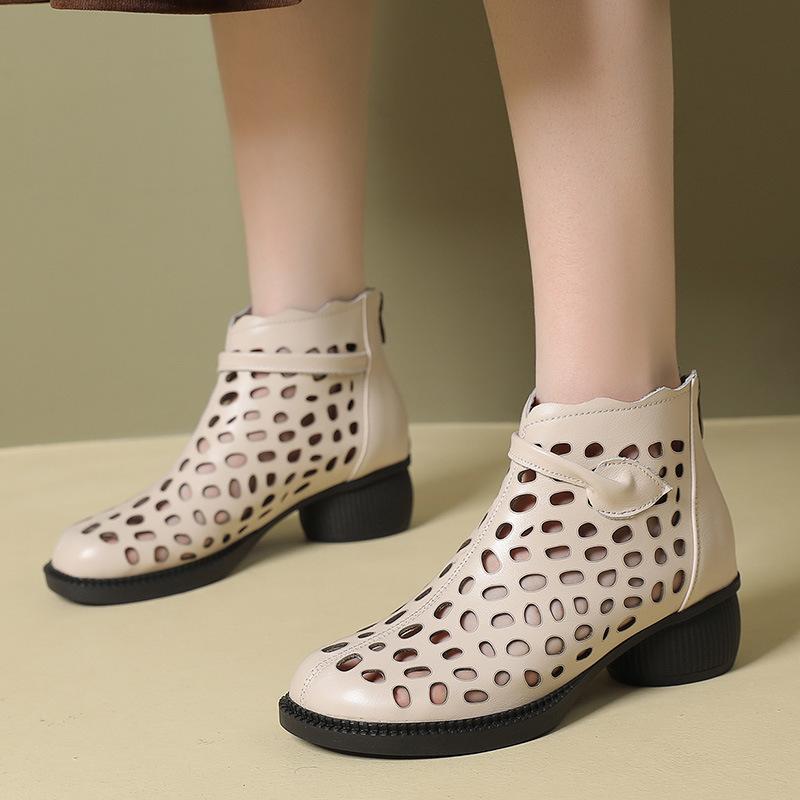 Mode GKTINOO 2025 Sommer Stiefeletten Echtes Leder Schuhe Damen Mittelhohe Absätze Sandalen Reißverschluss hinten Stiefel Ausgeschnitten Atmungsaktiv Mujer Zapatos