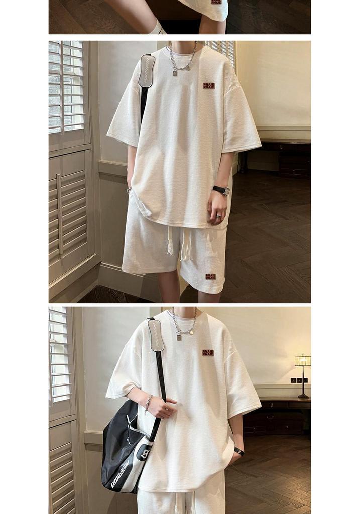 Men's Hong Kong Style Waffle Summer Set - 240g Heavyweight Short Sleeve Sporty Two-Piece
