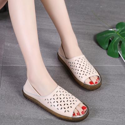 Women Roman Sandals Outdoor Casual White Leather Flats Shoes Over Sized Grey Hollow Open Toe Summer Shoes for Girl
