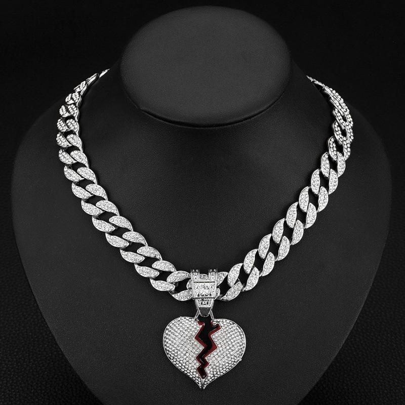 Men's Cuban Chain Hip Hop Necklace with Heart Pendant and Rhinestone Details