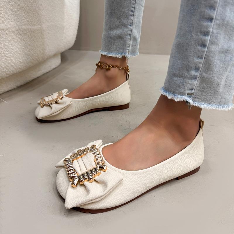 Fashion All-match Single Shoes Summer New Round Head Shallow Mouth Metal Buckle Butterfly Knot Soft Sole Non-slip Flat Shoes