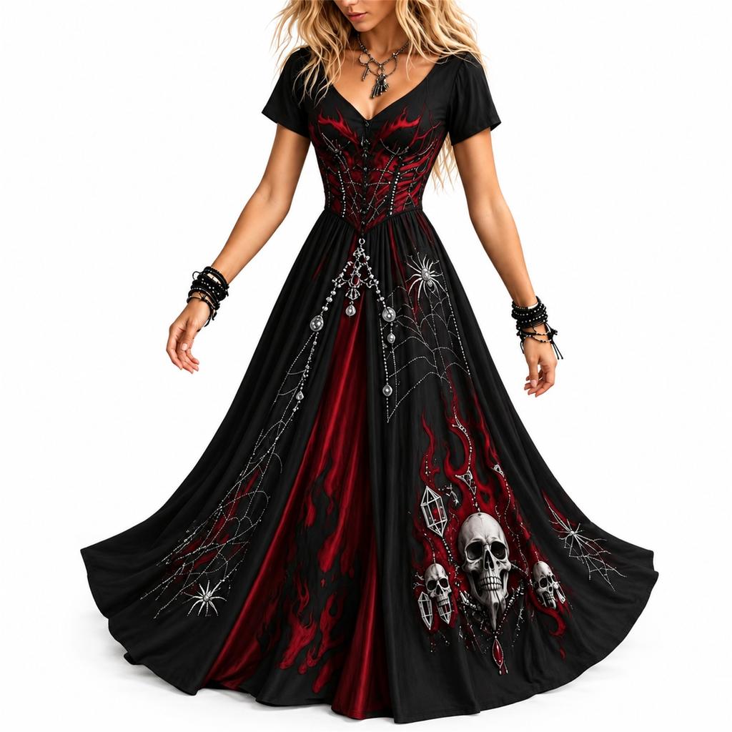 Abito lungo da donna per Halloween con stampa 3D, scollo a V e gonna svasata, per feste
