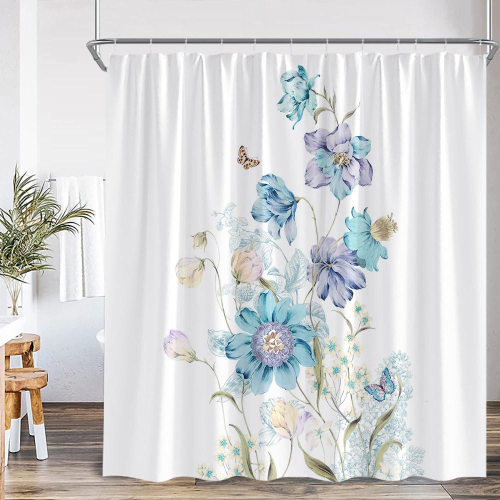 Watercolor Floral Shower Curtain Colorful Flower Blossom Butterfly Plants Bathroom Decoration Modern Bathtub Curtain with HooksW
