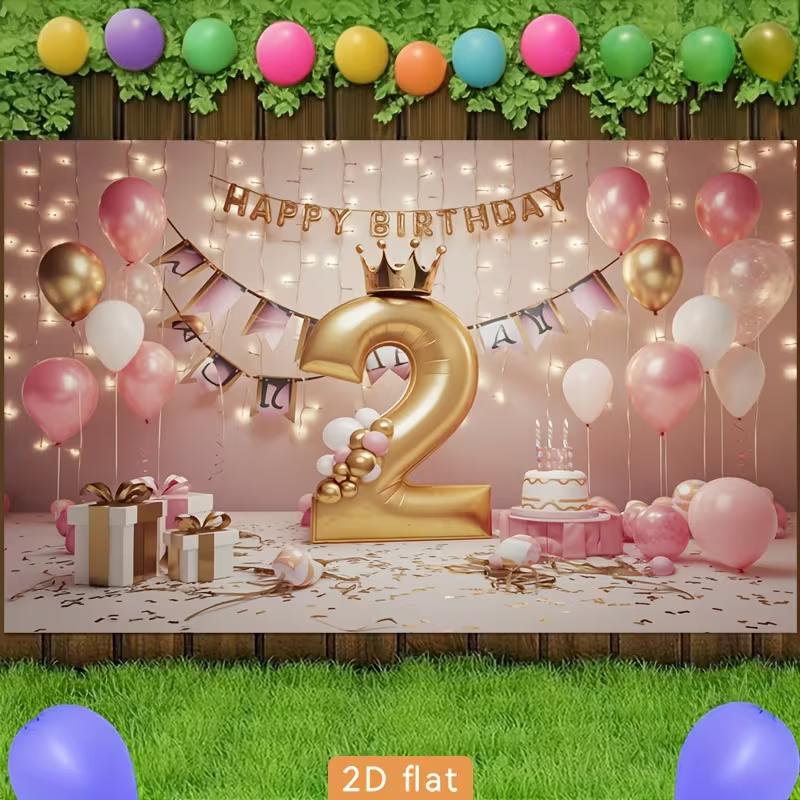 2D 2nd Birthday Pink Gold Balloon Backdrop Banner Photo Booth Background