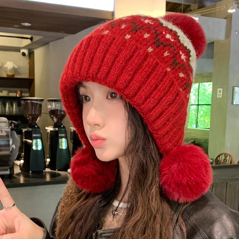 New Fair Island Wind Autumn and Winter Female Cute Ear Protection Wool Hat Outdoor Hairball Warm Ski Cold Knitted Hat