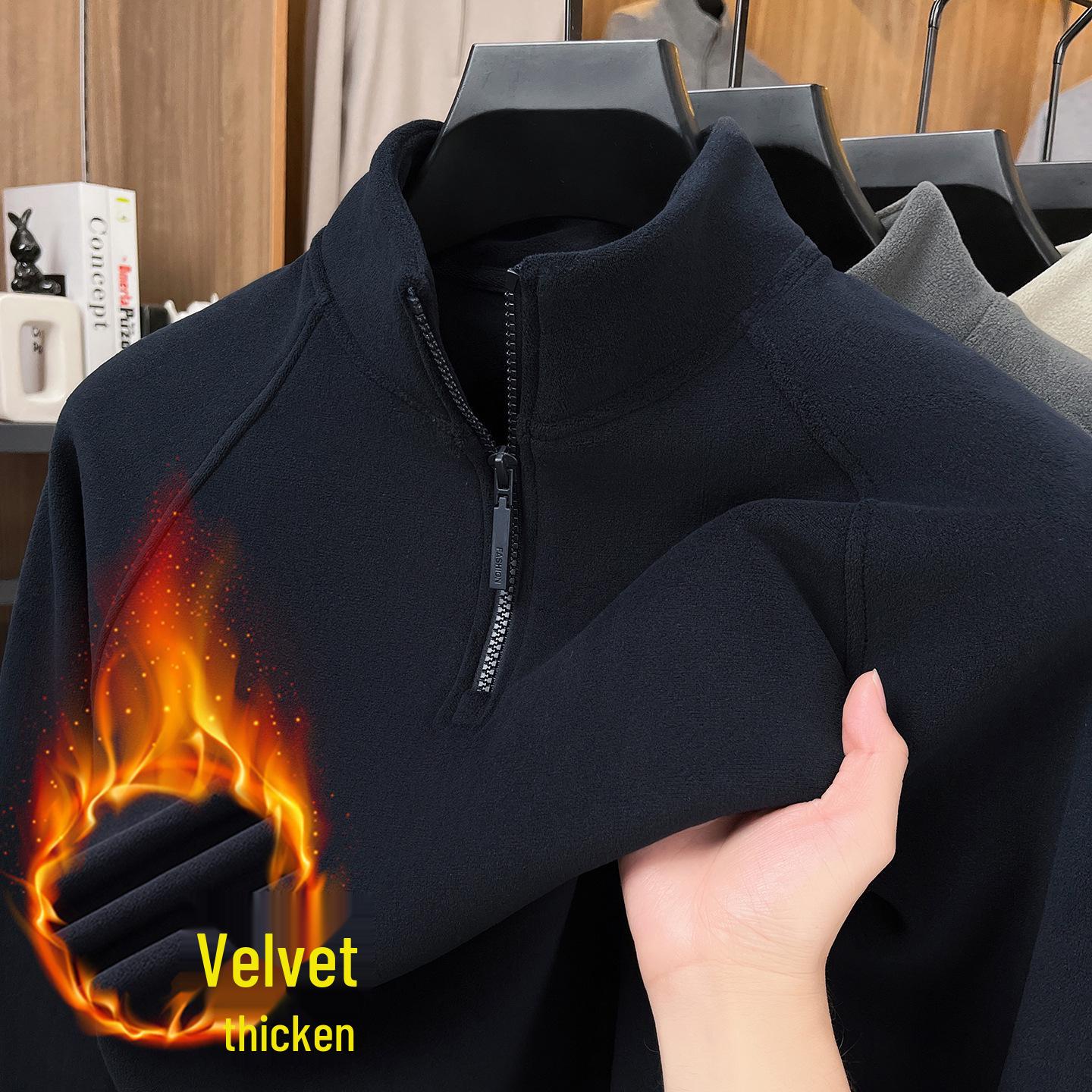 Men s Half-Zip Long-Sleeve Fleece Hoodie with Stand-Up Collar – Trendy Autumn/Winter Casual Base Layer. 4XL темно-синий