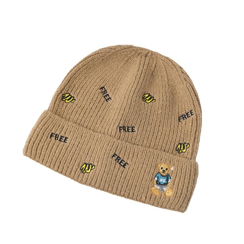 Hat Female Autumn and Winter Wool Hat Versatile Embroidered Letter Knitted Outdoor Riding Warm Cute Bear Pullover Hat