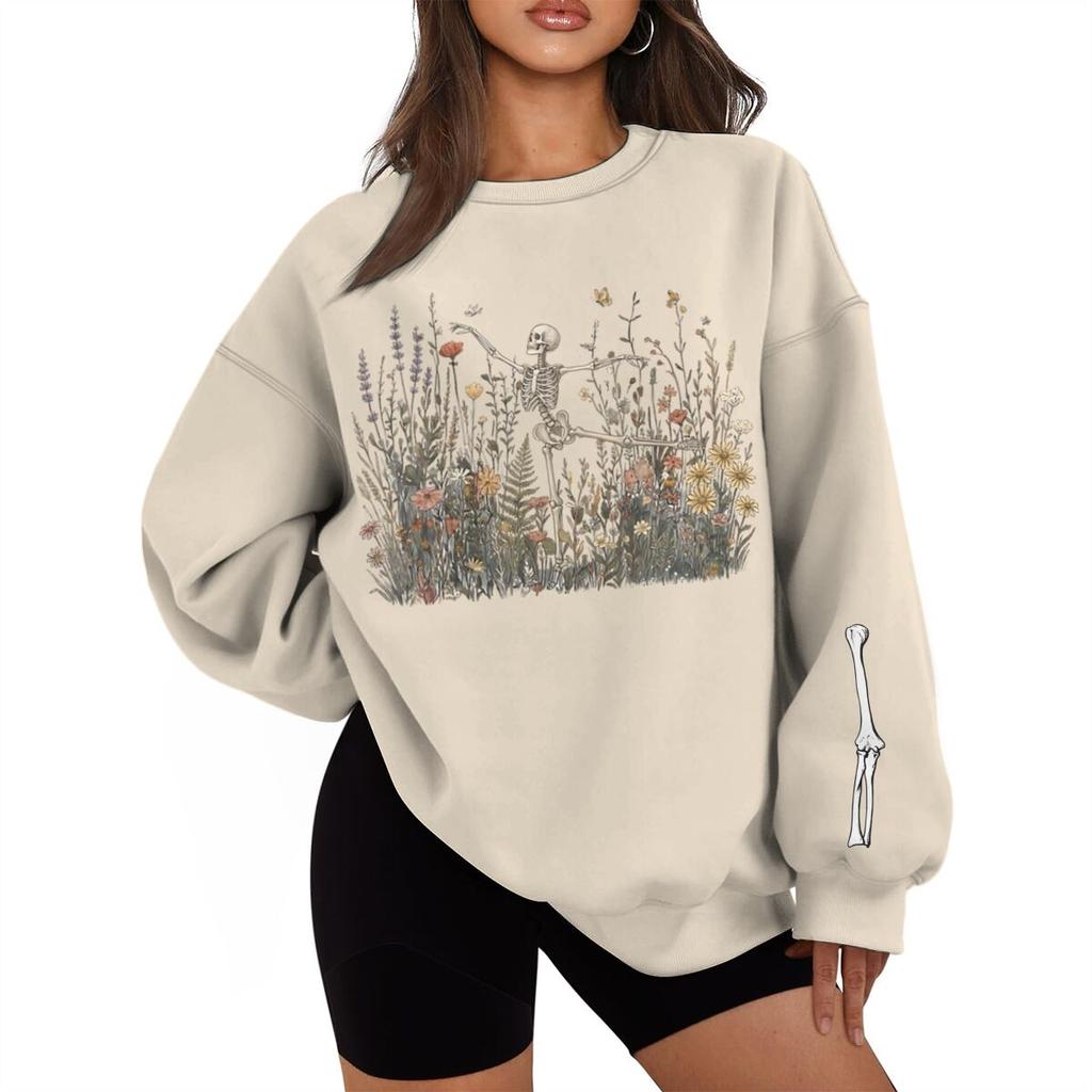Halloween Skeleton Graveyard Print Sweatshirt Vintage Spooky Season Streetwear Fun Halloween Pullover For Men Women