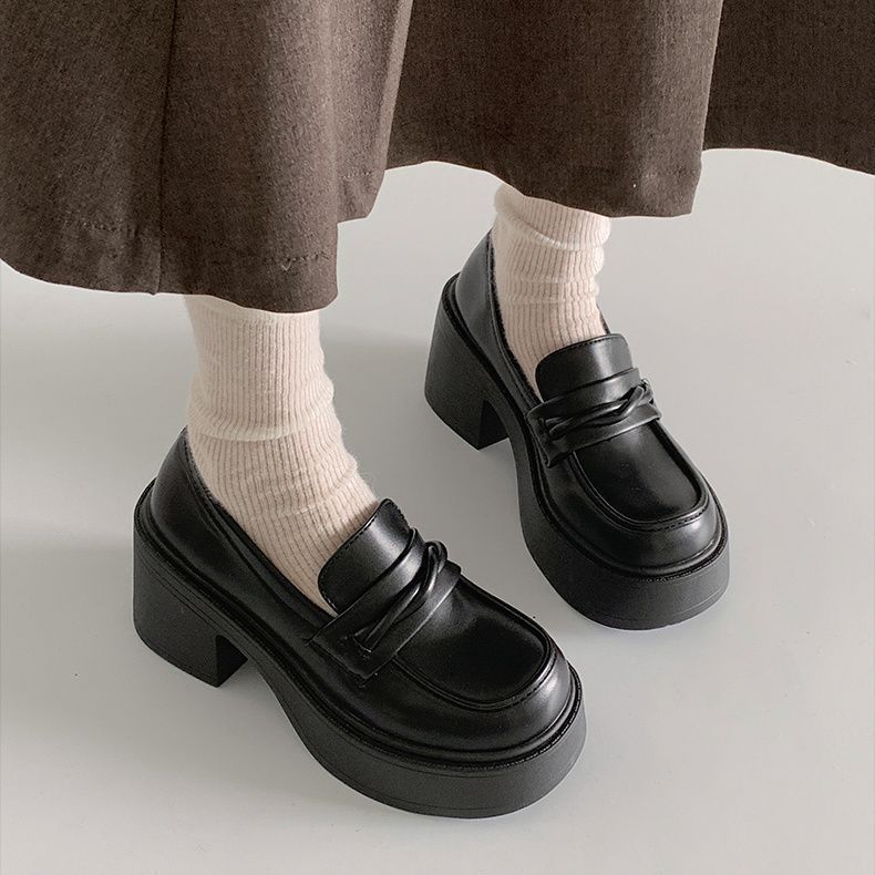 Japanese jk platform thick heel black one-pedal loafers 2025 autumn new French retro high heels women