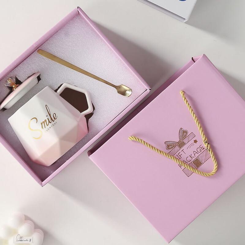 Gradient Pink Ceramic Coffee Mugs with Lids & Spoons (Set of 2)