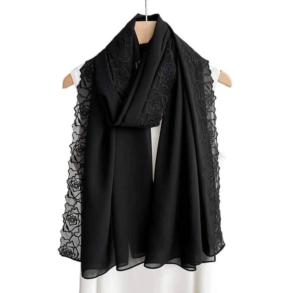 Sciarpa da Donna in Chiffon Monocolore con Grande Ricamo Floreale – Versatile Sciarpa di Seta & Protezione Solare