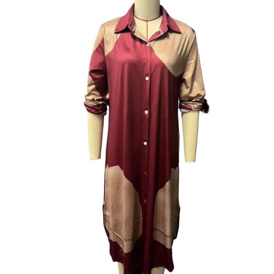 Women V-neck Patchwork Printed Top And Pants Suit Contrasting Color Commuting Set Wide-leg Trousers And Extra-length Top Loose Fit