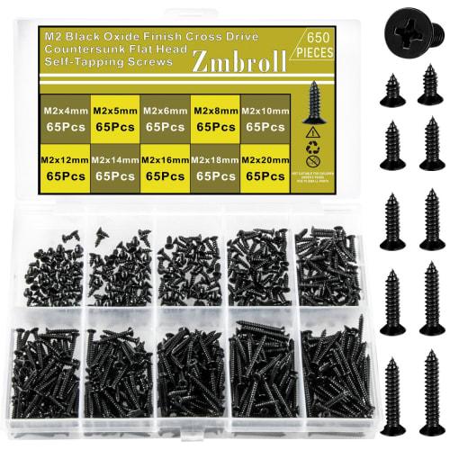 

Zmbroll M2 Black Countersunk Head Self-Tapping Screws, 650 Pieces, Phillips Drive, Wood Screws, Metric Sheet Metal Screws, Carbon Steel, Micro Electro