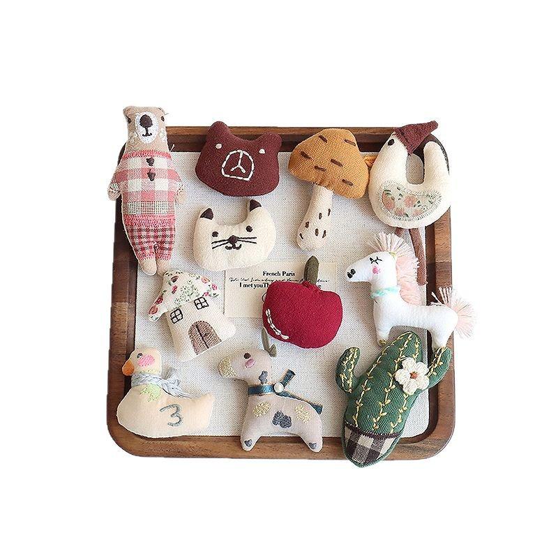 Korean Mori Series Floral Brooch: Handmade Cotton Linen with Apple, Mushroom, and Bear Design