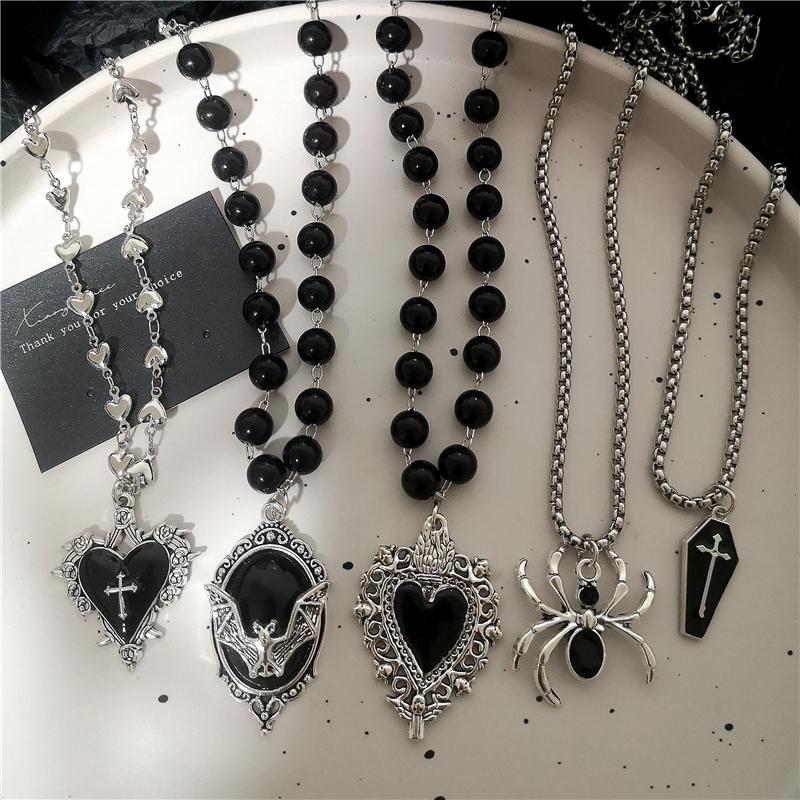 Gothic Bat Cross Dark Thorn Love Heart Pendant Black Bead Stacked Necklace Y2K Personalized Halloween Charm Grunge Jewelry Gift