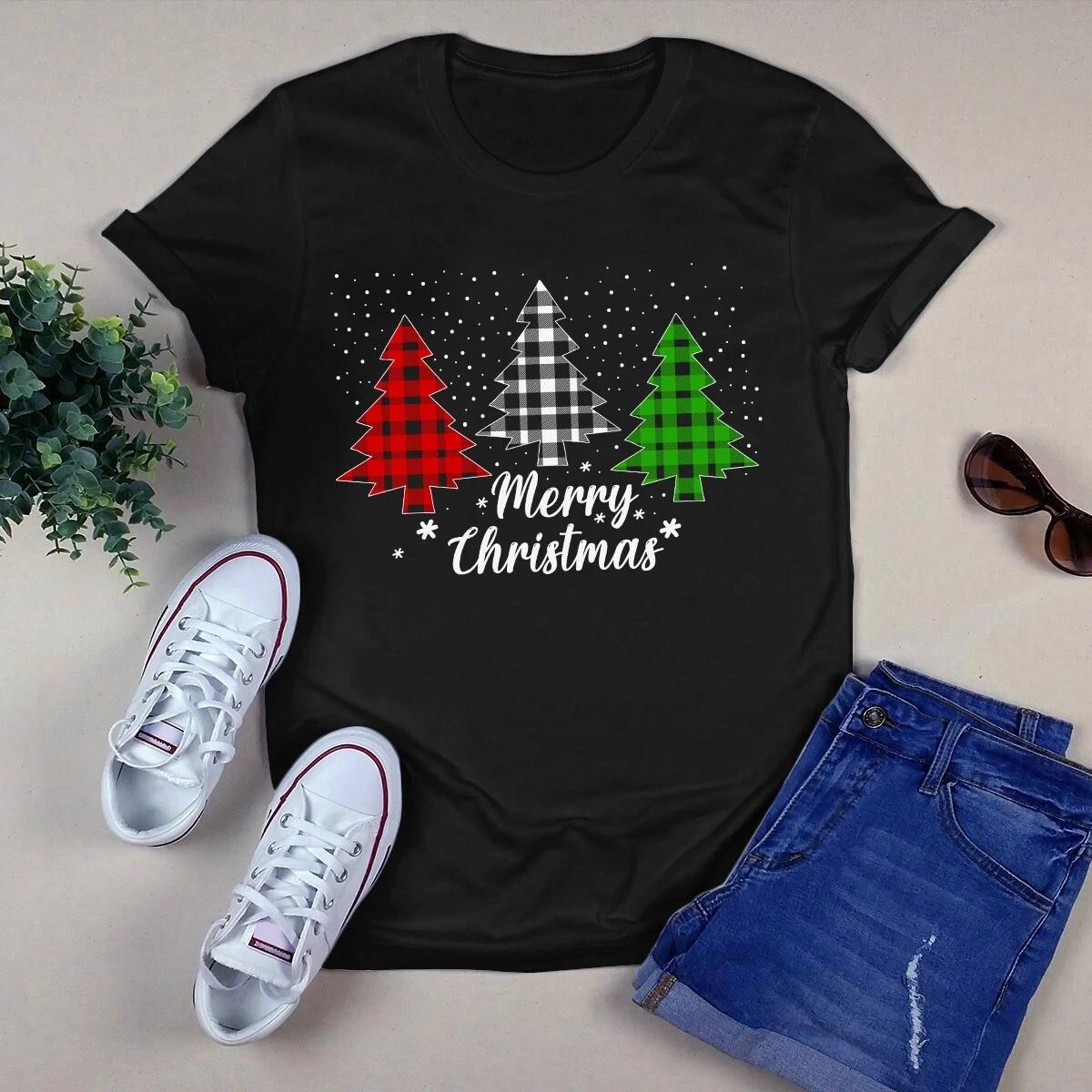 Men s and Women s T-shirts Christmas Tree Buffalo Plaid Merry Xmas Gift L