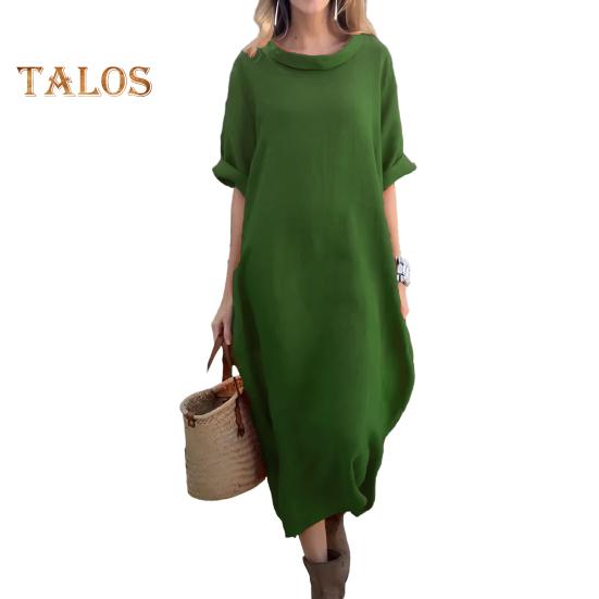 

Женское платье-рубашка макси, повседневное, с коротким рукавом, круглым вырезом, длинное платье с карманами, летний свободный пляжный сарафан S зелёный