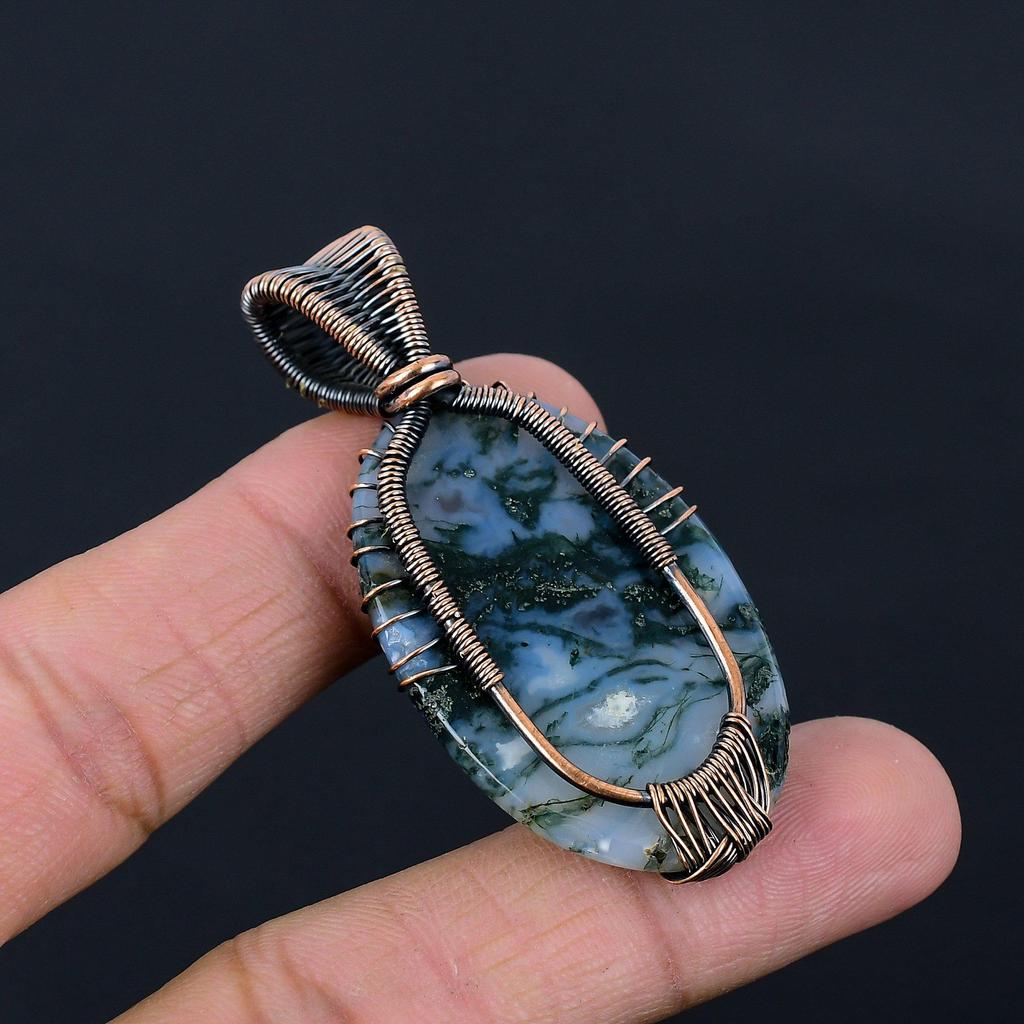 Pěkný strom života mechový achát drahokam čistá měď drát oplet ručně vyráběný šperk přívěsek