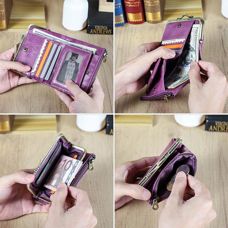 Genuine Leather Women Wallet Small Metal Frame Purse Ladies Hasp and Zipper Coin Pocket Credit Card Holder RFID Wallet