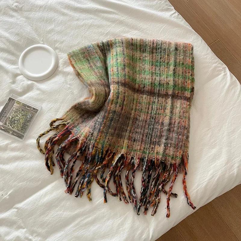 Chic Design Plaid Mohair Scarf Women Korean Version Streetstyle Imitation Cashmere Muffler Female Warm Soft Thick Shawl Ladies