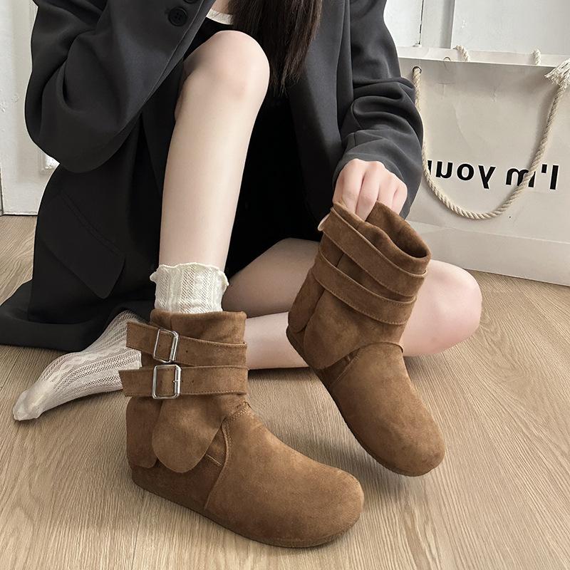 [Fanfna] Retro Suede Short Boots Women's 2025 Autumn New Round-head Martin Boots Low Tube Western Pile Boots