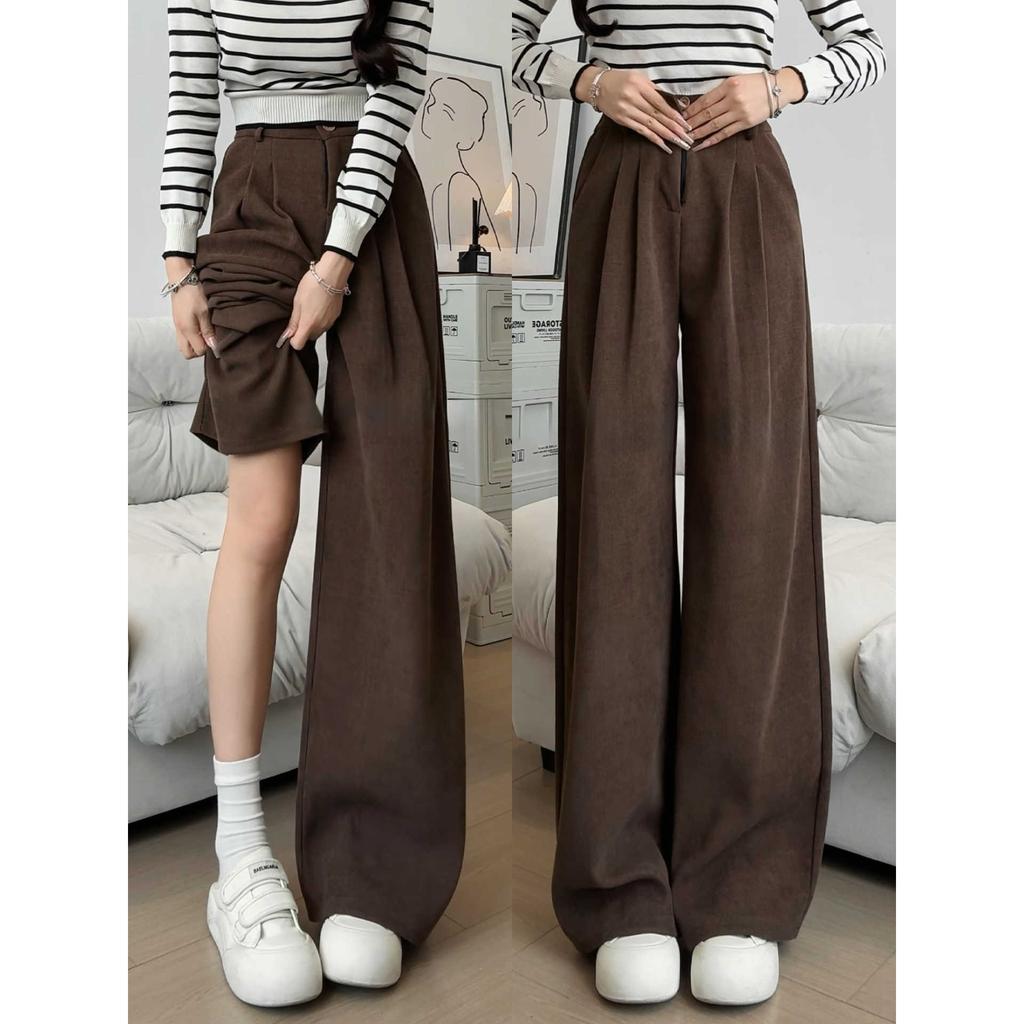 Coffee Color Corduroy Wide-leg Pants Women's Autumn and Winter Plus Velvet Small Narrow Straight Drape Suit Pants