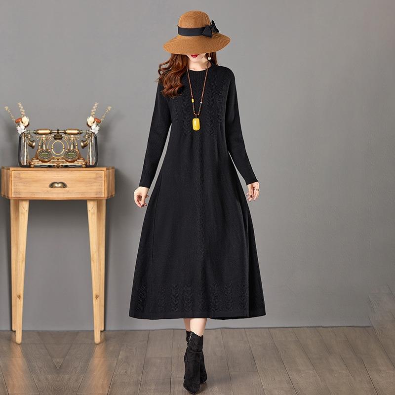 Crew Neck Winter Base Dress Women's Autumn and Winter with Coat Long Knitted Skirt Large Size Sweater Skirt Women