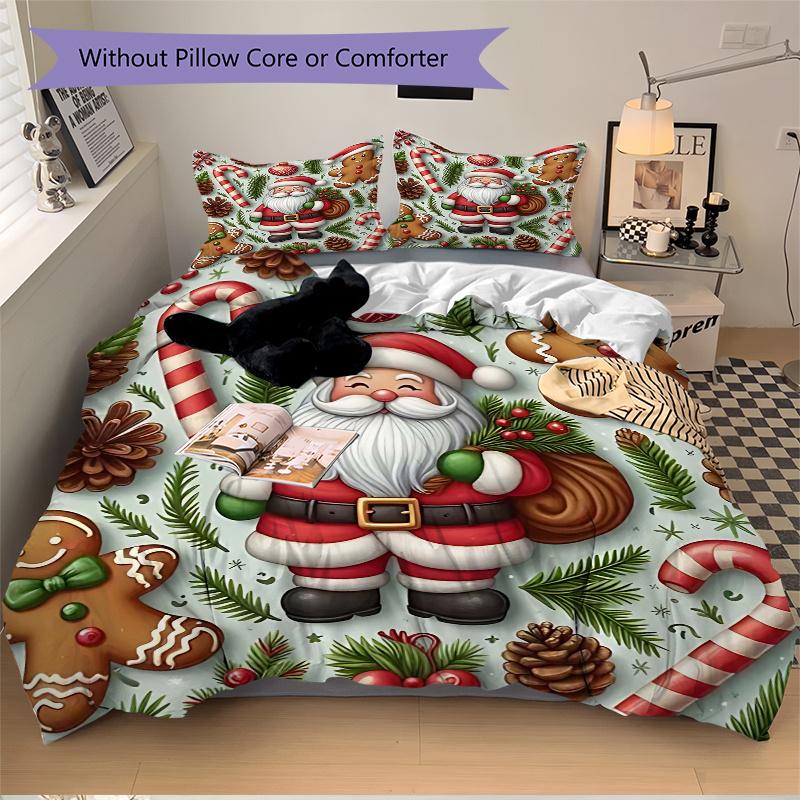3pcs Christmas Holiday Gifts, Santa Claus & Gingerbread Man Bedding Set with 1 Quilt Cover and 2 Pillowcases (No Core), Anime Cartoon Design